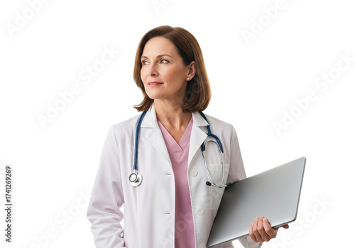 Female doctor holding a laptop and looking away isolated on transparent background