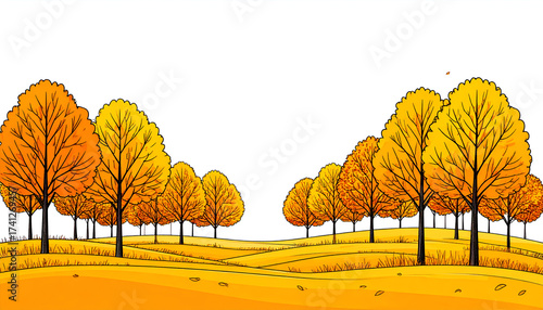 Autumn Landscape with Golden Trees and Rolling Hills.