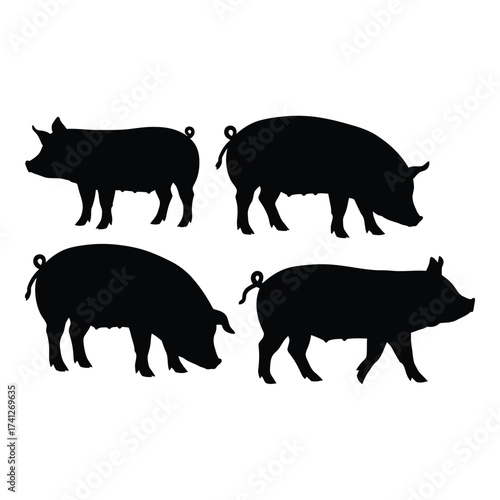 Four silhouette pigs farm animal set livestock piggy farm rural domesticated creature farmyard herd agricultural silhouette