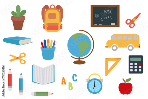 Set of school supplies isolated on a white background. Colored icon, vector illustration in a flat style. Various accessories for study, student equipment. Back to school.