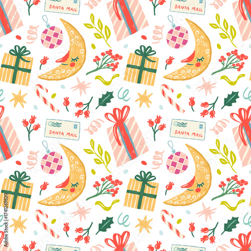 Christmas folklore seamless pattern with crescent, gifts, ornaments and branches for wrapping paper