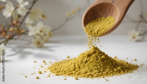 Wooden Spoon Pouring Amla Powder on White Background. amla powder