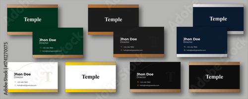 Collection of 5 Creative multi color business Card designs. Elegant Border Business Card. Metallic Strip Business Card. Executive Frame Business Card. Gold Trim Business Card