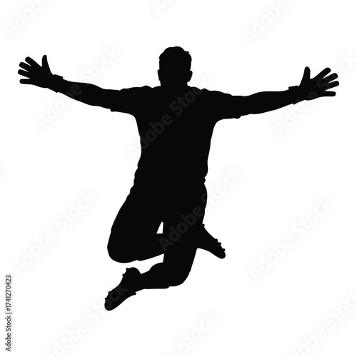 Silhouette of a joyous man jumping with arms outstretched celebrating freedom and achievement silhouette