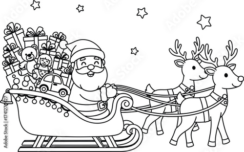 Santa Claus with Reindeer Sleigh Full of Gifts - Festive Christmas Outline Drawing for Coloring Books and Holiday Designs