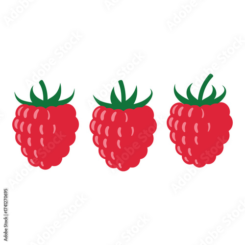 Three ripe red raspberries with green leaves isolated on fresh berries for healthy eating and recipes silhouette