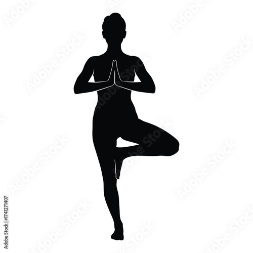 Silhouette of a person in tree pose yoga position demonstrating balance and serenity for wellness content silhouette