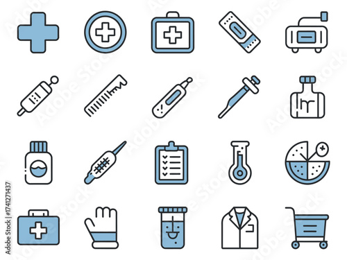 A collection of blue and white medical icons, including a first aid kit, syringe, and thermometer.