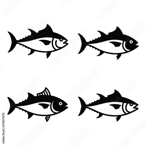 Four stylized tuna fish designs for seafood and fishing themes silhouette