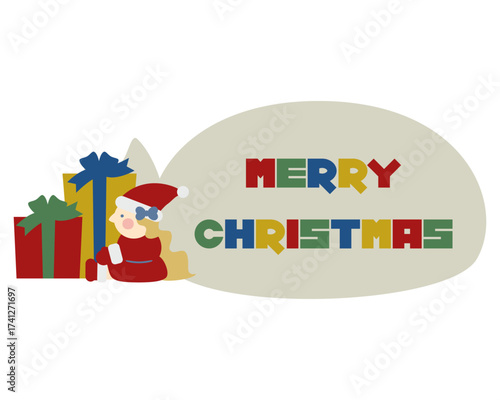 プレゼントとMERRY CHRISTMASとかわいい女の子のサンタクロース