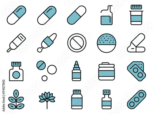 A collection of colorful medicine and health-related icons in blue and white hues.