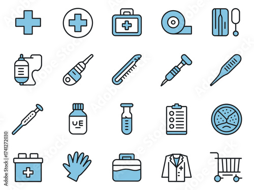 A collection of essential medical icons in blue and white, perfect for healthcare themes.