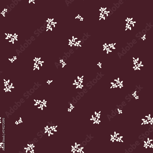 white ditsy flower print with deep wine colour  background beautiful print pattern