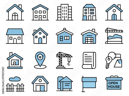 A collection of real estate icons featuring houses, buildings, and construction elements in a modern style.