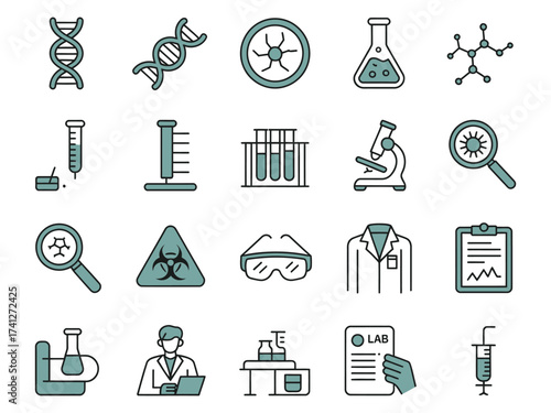 A collection of scientific icons representing various lab equipment and biological elements.