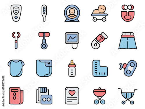 A colorful collection of baby and parenting icons, including toys, clothing, and care items.
