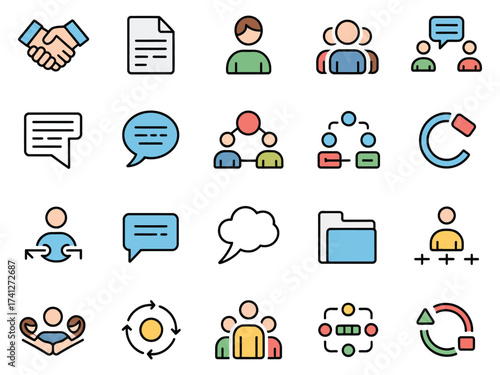 A colorful collection of business and communication icons illustrating teamwork and collaboration.