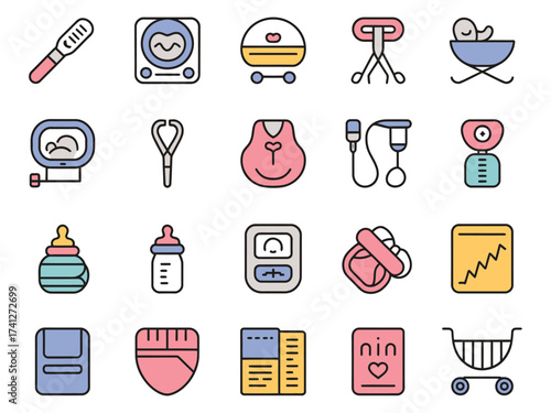 A colorful collection of baby care icons, including bottles, toys, and nursery essentials.