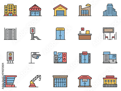 A colorful collection of diverse building icons representing different types of architecture.