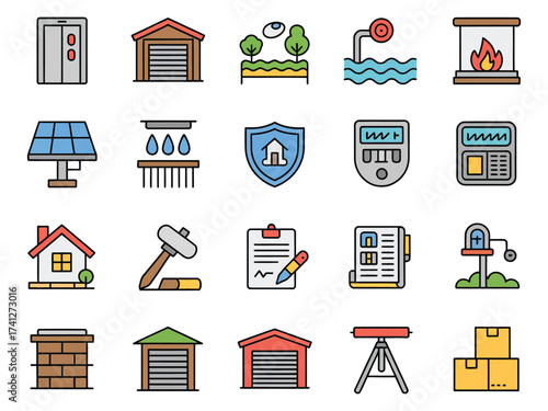 A colorful collection of icons representing various aspects of home and property maintenance.