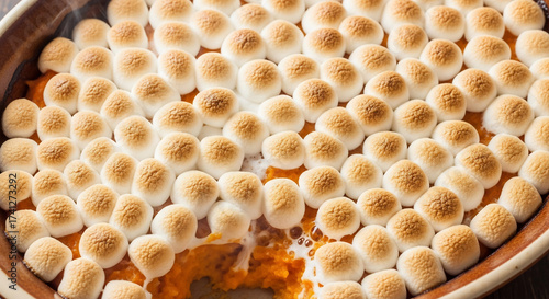 Sweet Potato Casserole with Toasted Golden Mini Marshmallows. Classic American Thanksgiving Holiday Food, Side Dish or Dessert.