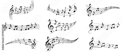  Music notes wavy line based pattern icon vector set, group musical notes wave line with Music music keys icon set on white background. Vector illustration.	
