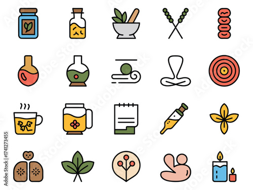 A colorful collection of wellness and herbal-themed icons for health and relaxation.