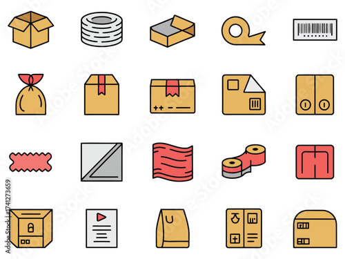 A diverse collection of packaging icons featuring various shapes and materials.