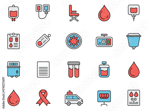 A flat lay of blood donation icons, showcasing medical equipment and supplies in vibrant colors.