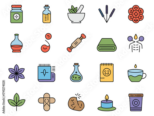 A vibrant collection of wellness and health icons, emphasizing natural remedies and self-care.