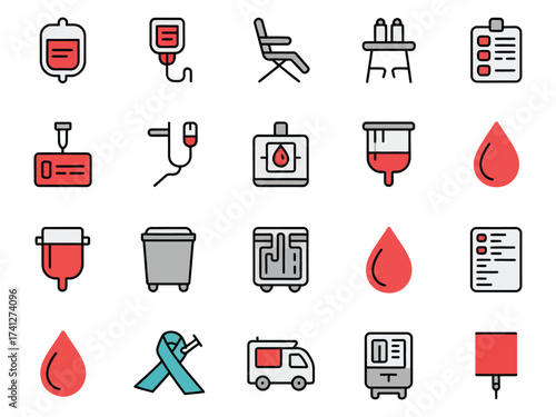 Blood donation elements including bags, chairs, and donation awareness symbols.
