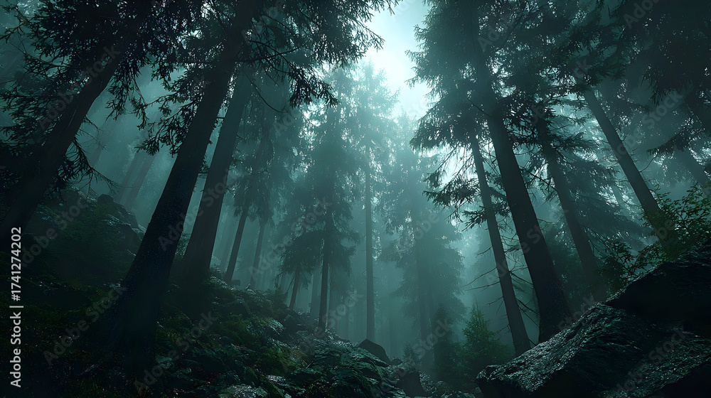 Obraz premium Enchanted twilight forest with towering pine trees