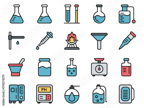 Collection of colorful laboratory equipment icons for science and research.