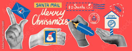 Set of retro collage elements with stamp, envelope, Santa mailbox. Merry Christmas collection. Greeting design