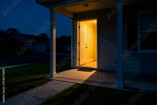 A front door left ajar at night casts a warm, inviting glow on an empty porch, creating a mood of mystery, welcome, or suspense in a suburban setting.
