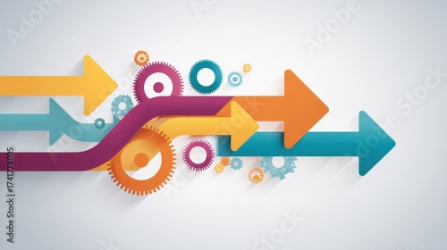 Colorful Arrows and Gears Design Abstract Background for Business Growth, Strategy, and Progress Concepts in Modern Style