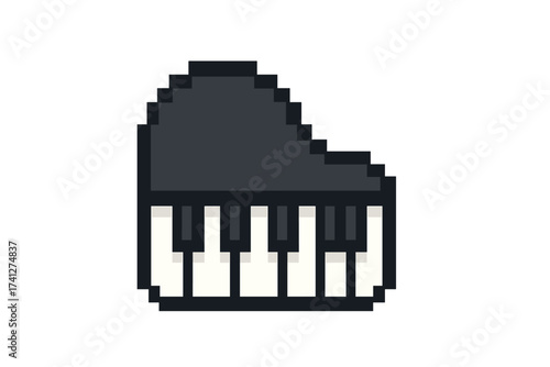 Pixel art grand piano icon. 8-bit musical instrument symbol for retro video game. Musician keyboard sign. Vector logo illustration isolated on transparent background.