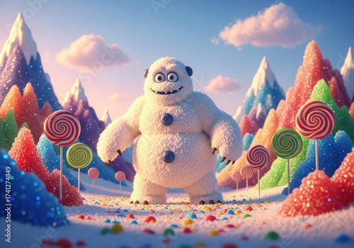 A fluffy white abominable snowman character stands in a whimsical candy land with lollipop trees and snowcapped mountains