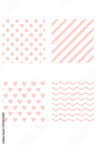 Set of 4 cute pink seamless patterns. Hand drawn vector backgrounds with hearts, polka dots, stripes, and waves. Adorable childish texture for baby girl nursery, wallpaper, wrap.