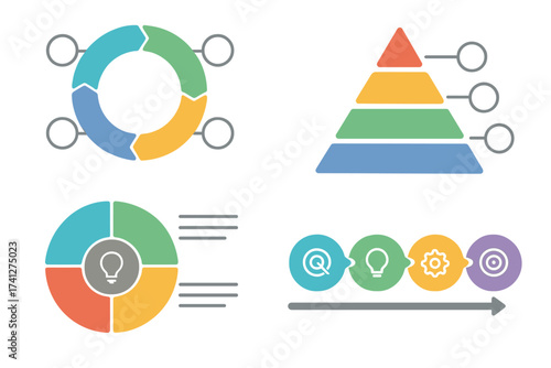 Set of infographic presentation templates. Vector business data visualization design elements. Circle diagram, pyramid chart, timeline process, and pie chart with 4 steps or options.