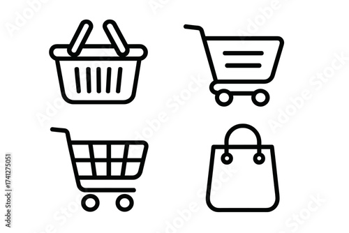 Shopping cart and basket linear icon set. Vector collection of e-commerce and retail symbols. Outline grocery bag, trolley, and market basket for web, app, and UI design.