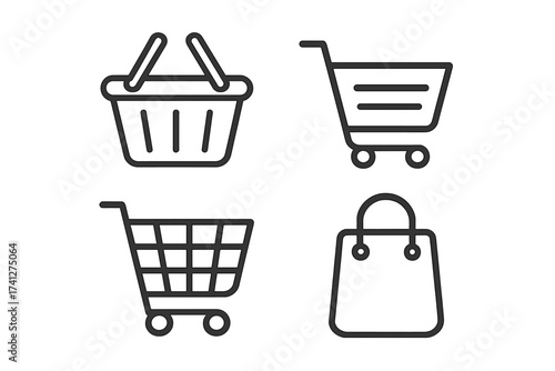 Shopping cart, basket, bag line icon set. Vector outline graphic illustration for e-commerce, website, mobile app. Buy button, online store, add to cart symbol collection.