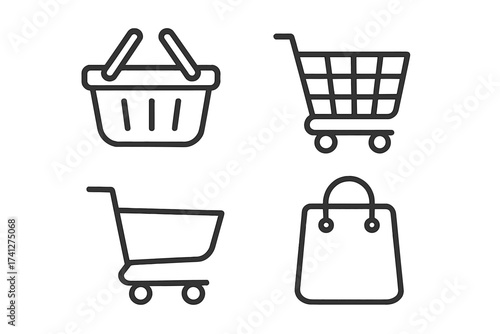 Shopping cart and basket icon set. Linear shop symbols for e-commerce website or app. Add to cart, buy, and checkout button. Minimalist vector pictogram collection.
