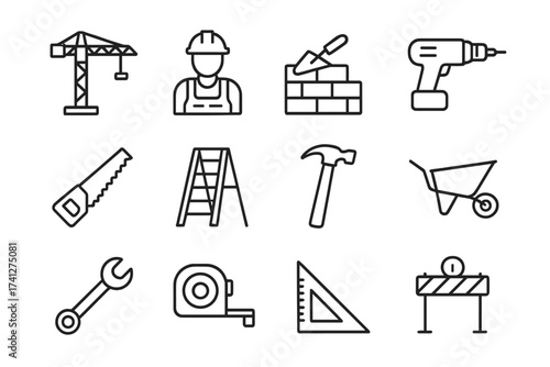 Construction line icon set. Building industry tools and equipment. Vector outline symbols for repair, renovation, DIY. Builder, crane, brickwork, drill, hammer, saw, ladder icons.