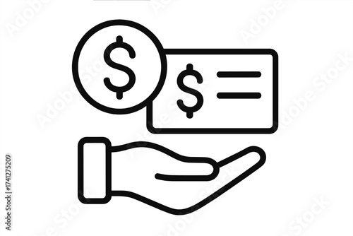 Payment icon with hand holding money check and dollar coin. Salary, wage, income concept. Financial cashback, credit, grant symbol. Earning, payroll, refund, prize sign.