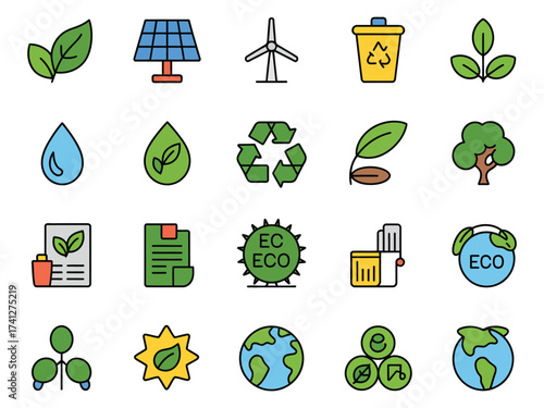 Colorful eco-friendly icons representing nature, sustainability, and environmental awareness.