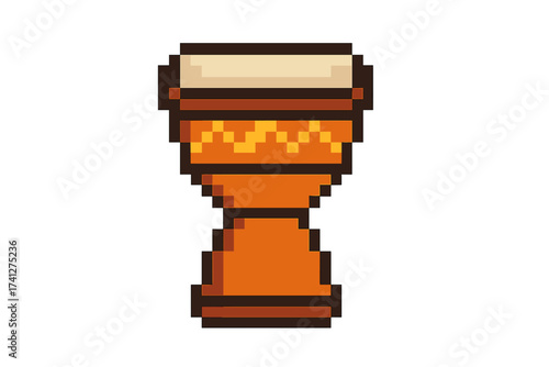 Djembe drum pixel art vector icon. African percussion musical instrument. Ethnic goblet drum in retro 8 bit video game style. Music or cultural concept. Isolated illustration.