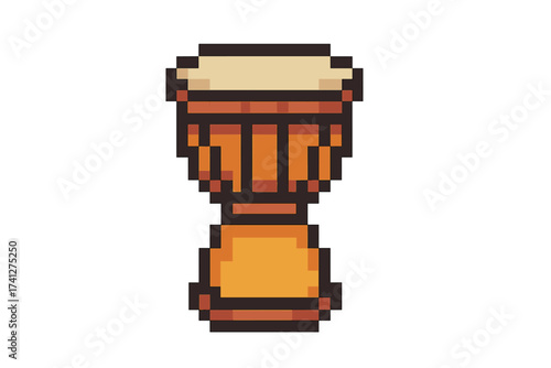 Djembe drum pixel art icon. 8-bit vector illustration of an African percussion instrument. Retro video game asset for music, rhythm, and cultural themes. Isolated object.
