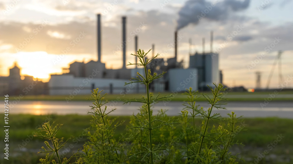 Obraz premium Close up of fresh green plants against an industrial backdrop during sunset
