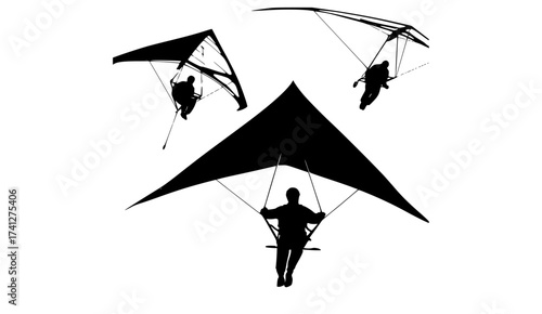 three silhouettes of three people paragliding in a triangle formationblack, fly, glider, illustration, kite, man, parachute, person, profile, sky, swing 